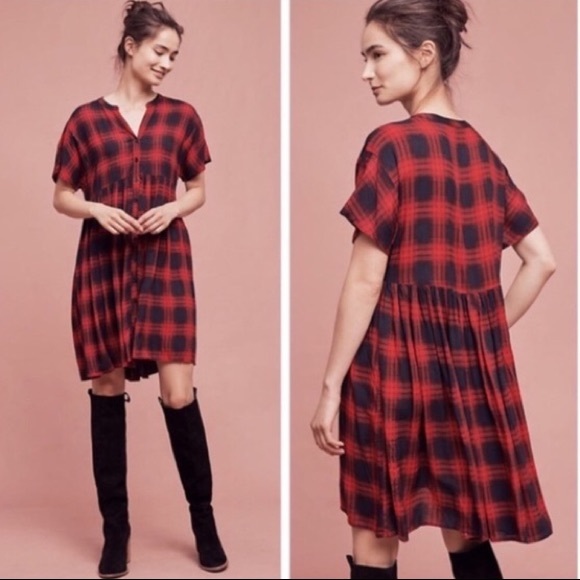 ANTHROPOLOGIE Mona Buffalo Plaid Dress Pockets XS - Picture 1 of 12